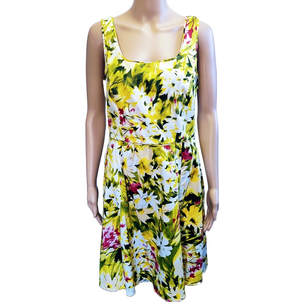 EUC SPENSE FIT & FLARE POLY LINED FLORAL GREEN/YELLOW COTTON DRESS SLEEVELESS 8